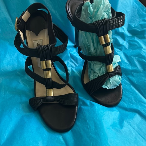Jimmy Choo black high heel gladiator style with gold bands size 39 1/2 New - Picture 1 of 11